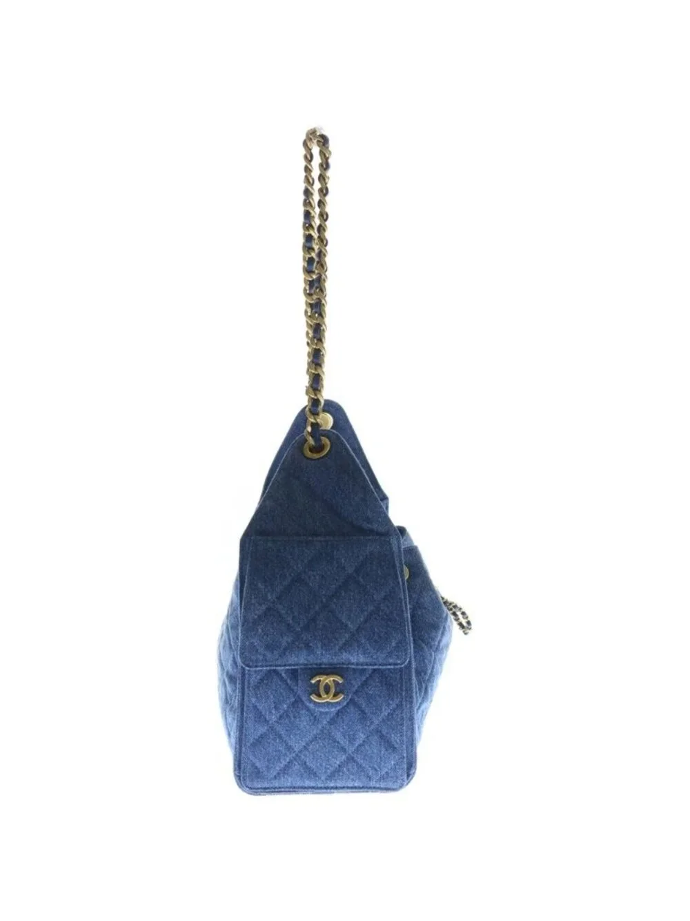 Chanel 25 Small 2-Way Chain Shoulder Bag Indigo Blue Denim Gold